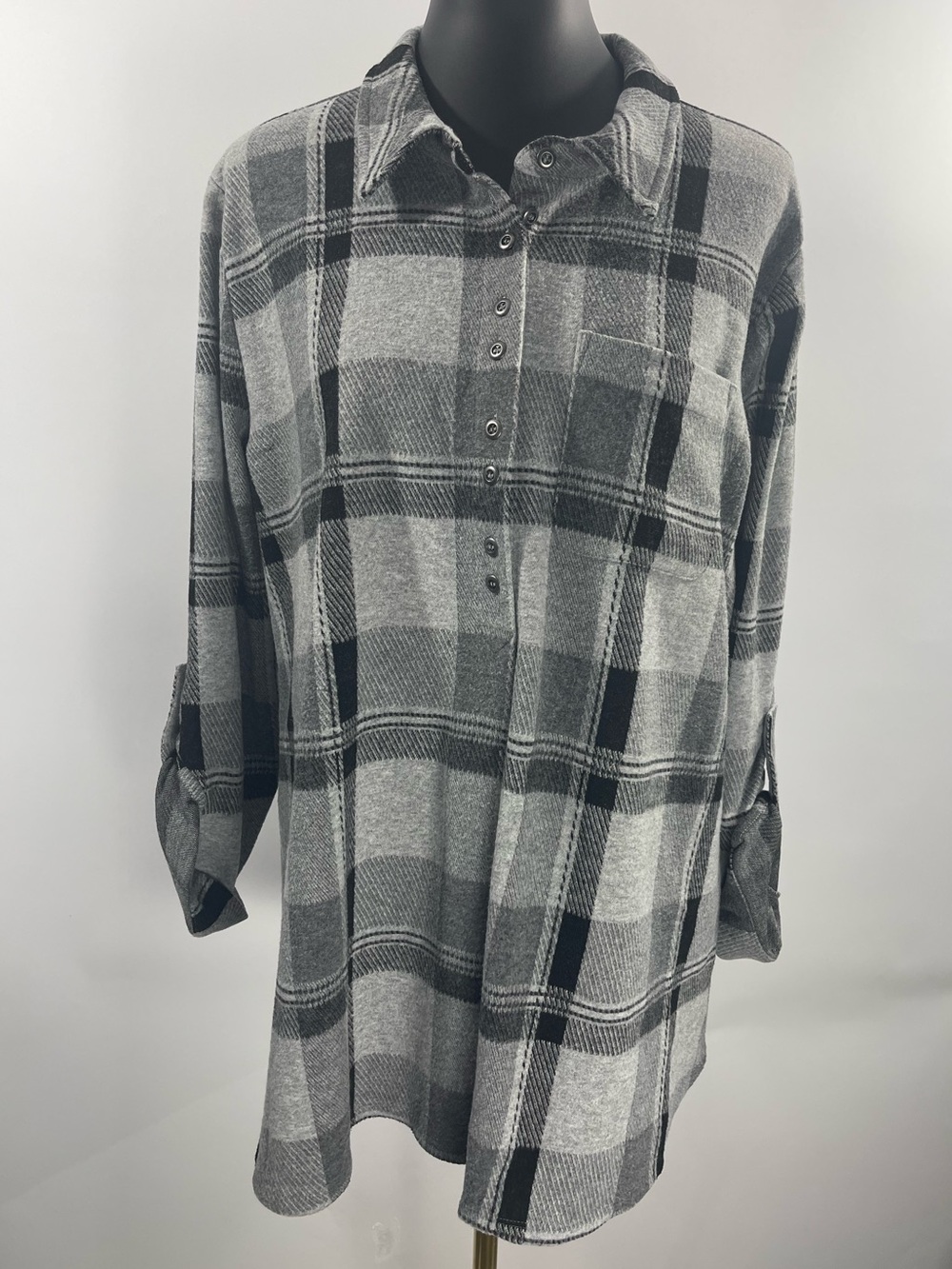Soft Surroundings Gray Black Flannel Mad About Plaid Tunic Long Sleeve XL Top